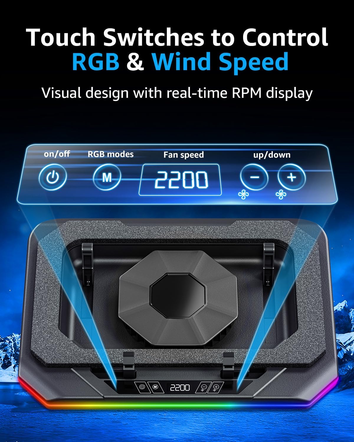 MOUNTUP RGB Laptop Cooling Pad for 13-19 Inch, Max 3500RPM Gaming Laptop Cooler, Cooling Pad Stand with Touch Switch to Control Speed, Laptop Fan Cooling Pad with Powerful 4.72 Inch Turbo Fan - Image 4
