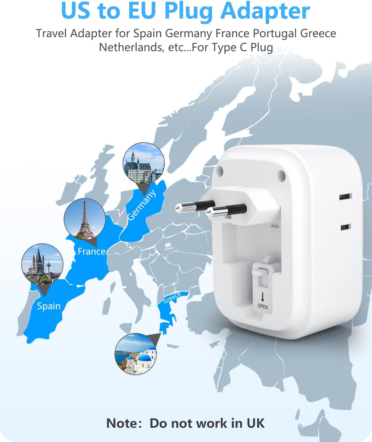 LENCENT European Travel Plug Adapter, PD 45W Type C Foldable Power Plug with 4 Outlets 4 USB Ports, USB Fast Charger Adaptor, Power Adaptor for US to Most of Europe EU Spain Italy France Germany - Image 4