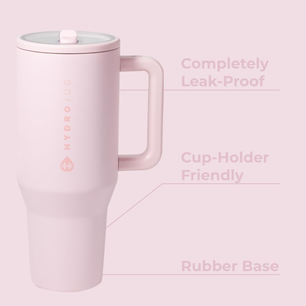 HydroJug Traveler - 32 oz Water Bottle with Handle & Flip Straw - Fits in Cup Holder, Leak Resistant Tumbler-Reusable Insulated Stainless Steel & Rubber Base - Gifts for Women & Men, Pink Sand - Image 2
