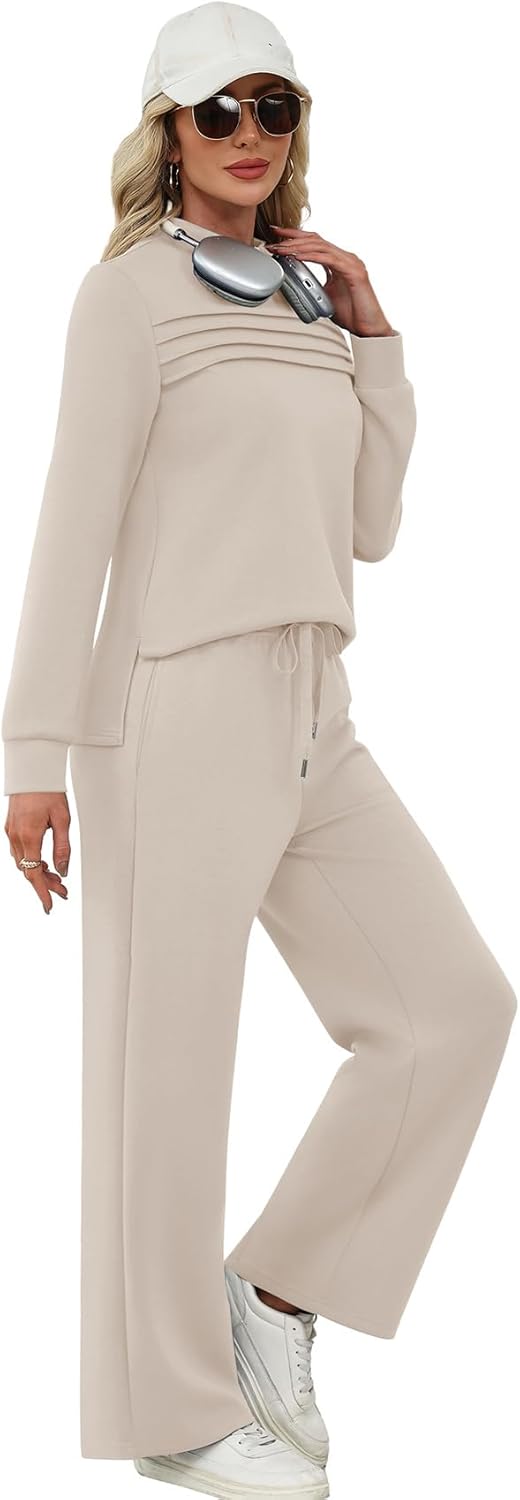 WIHOLL Two Piece Sets for Women Spring Travel Vacation Outfits 2026 Long Sleeve Lounge Sets Side Slit Wide Leg Pants S-3XL - Image 4