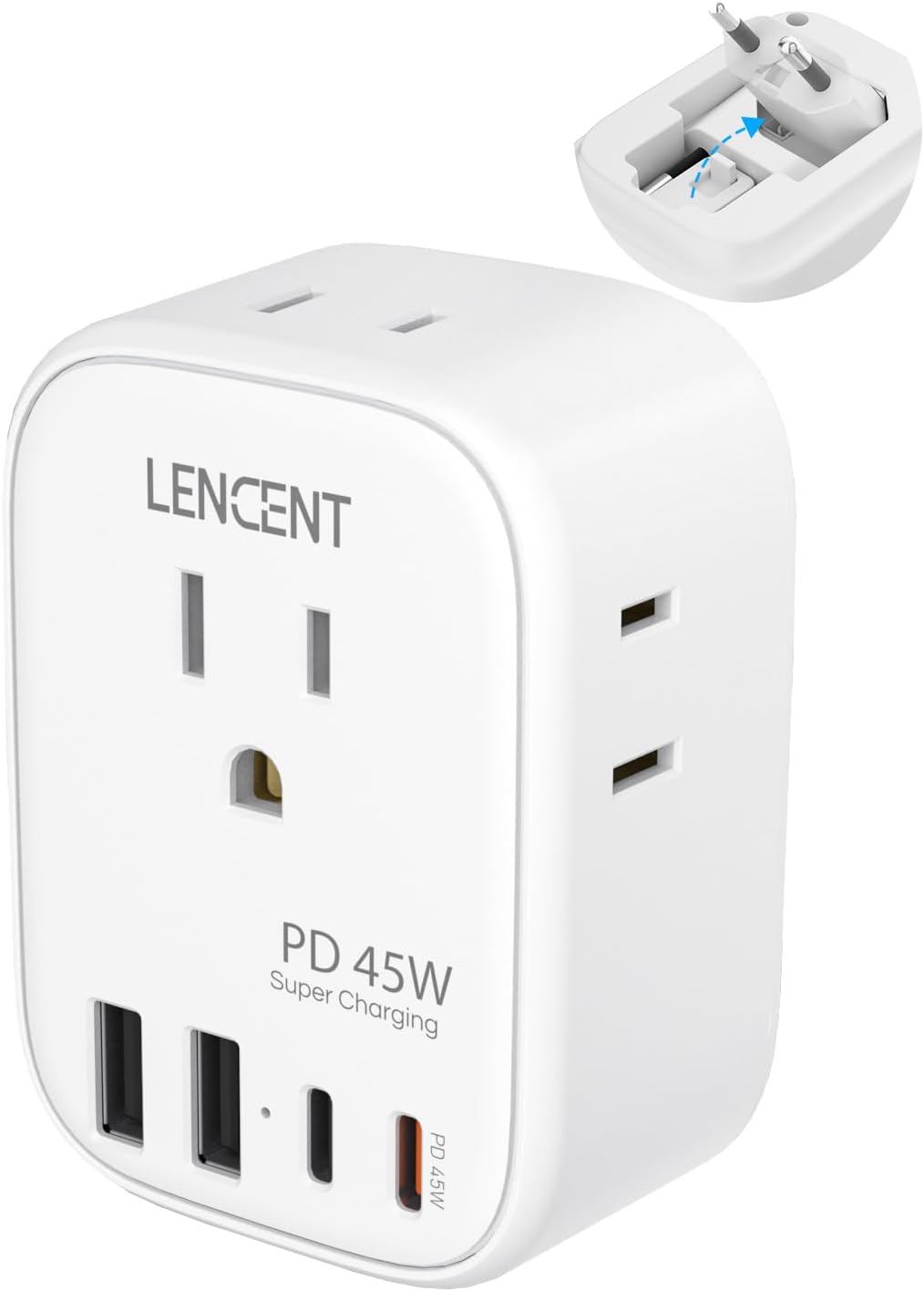 LENCENT European Travel Plug Adapter, PD 45W Type C Foldable Power Plug with 4 Outlets 4 USB Ports, USB Fast Charger Adaptor, Power Adaptor for US to Most of Europe EU Spain Italy France Germany
