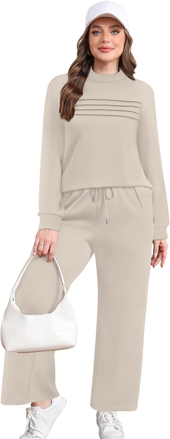 WIHOLL Two Piece Sets for Women Spring Travel Vacation Outfits 2026 Long Sleeve Lounge Sets Side Slit Wide Leg Pants S-3XL - Image 3