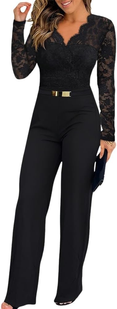 CHICME Womens Dressy Lace Jumpsuit Casual Fall Long Sleeve V-Neck Straight Leg Overalls