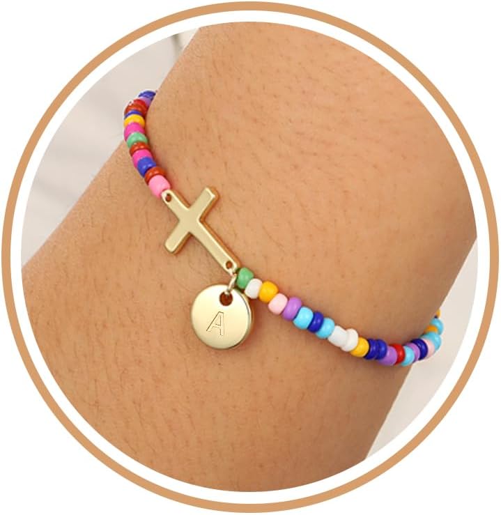 Easter Basket Stuffers for Girls Kids Teens- Cross Initial A-Z Bracelets Colorful Beaded Letter Disc Pendant Bracelet Birthday Christian Religious Jewelry Gifts for Her