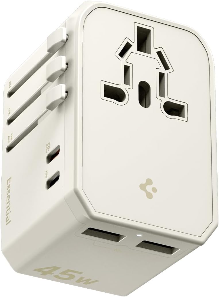 Spigen Universal Travel Adapter, 45W International AC Plug Adapter, International Travel Charger for EU UK AUS, Worldwide Travel Adapter, 2 USB-A & 2 USB-C Multiple Ports for Mobile, Dune Beige