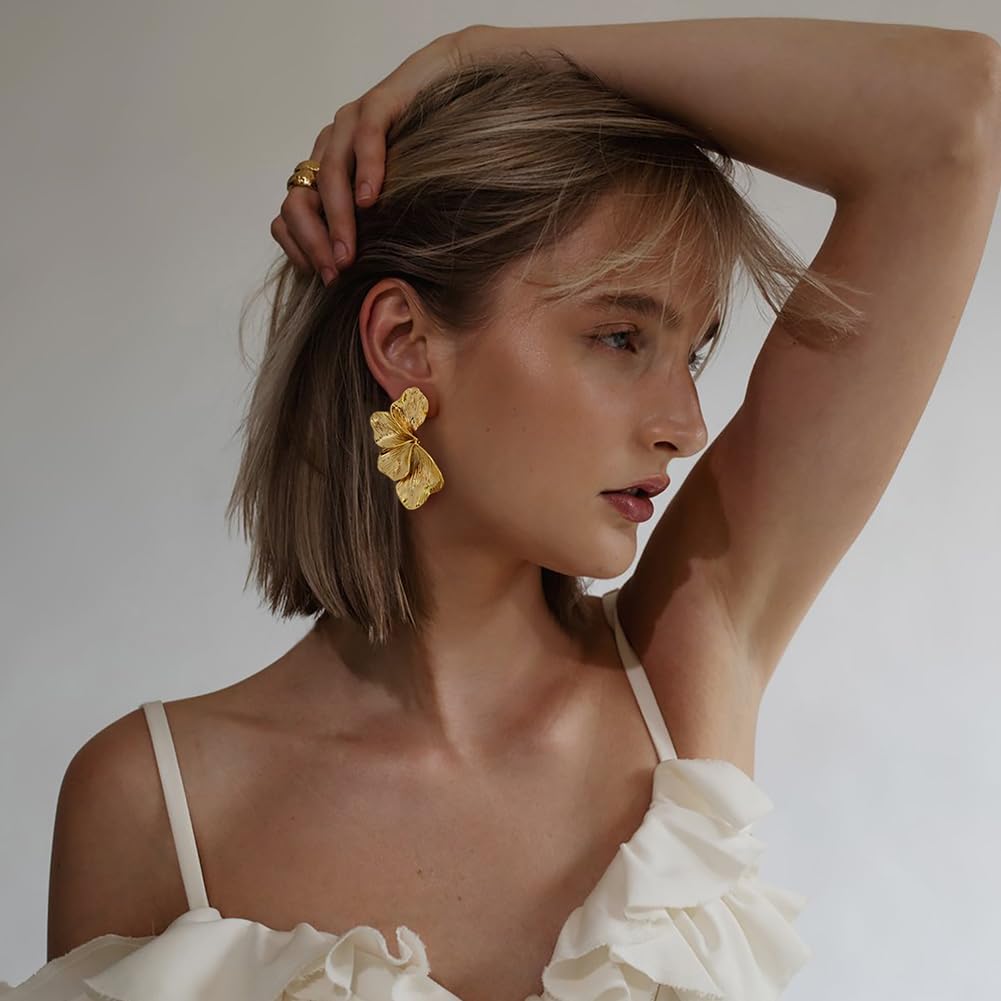 Chunky Gold Statement Earrings For Women Gold Plated Sectored Flower Leaf Shell Angel Wing Earrings Trendy Boho Jewelry For Women Large Stud Earrings Hypoallergenic Earrings - Image 3