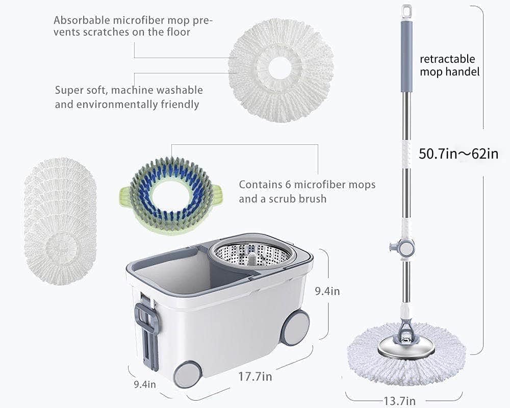 Spin Mop Bucket Deluxe 360 Spinning Floor Cleaning System with 6 Microfiber Replacement Head Refills,62" Extended Handle,4X Wheel for Home Cleaning - Image 2