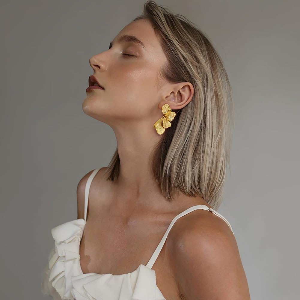 Chunky Gold Statement Earrings For Women Gold Plated Sectored Flower Leaf Shell Angel Wing Earrings Trendy Boho Jewelry For Women Large Stud Earrings Hypoallergenic Earrings - Image 2