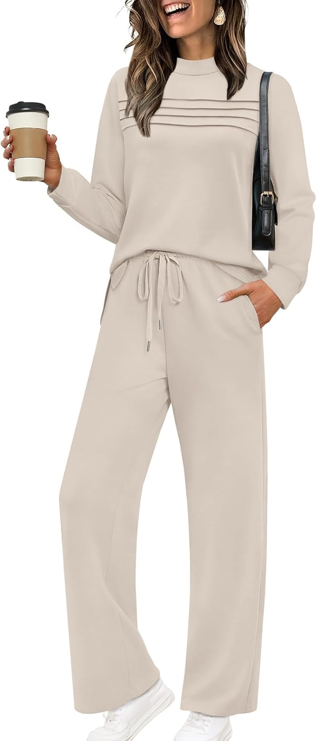 WIHOLL Two Piece Sets for Women Spring Travel Vacation Outfits 2026 Long Sleeve Lounge Sets Side Slit Wide Leg Pants S-3XL