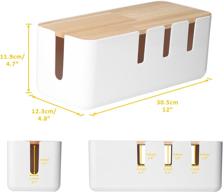 Cable Management Box by Baskiss, 12x5x4.5 inches, Wood Lid, Wire Organizer for Desk TV Computer USB Hub System to Cover and Hide & Power Strips & Cords - Image 3