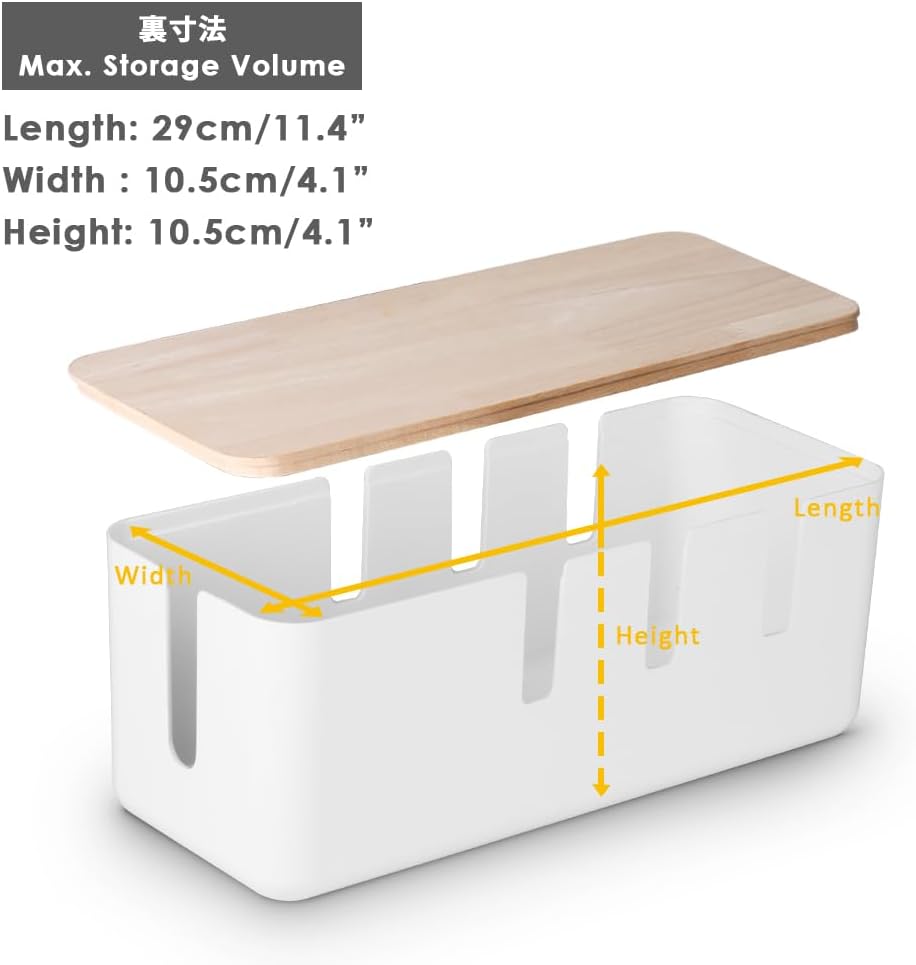 Cable Management Box by Baskiss, 12x5x4.5 inches, Wood Lid, Wire Organizer for Desk TV Computer USB Hub System to Cover and Hide & Power Strips & Cords - Image 2