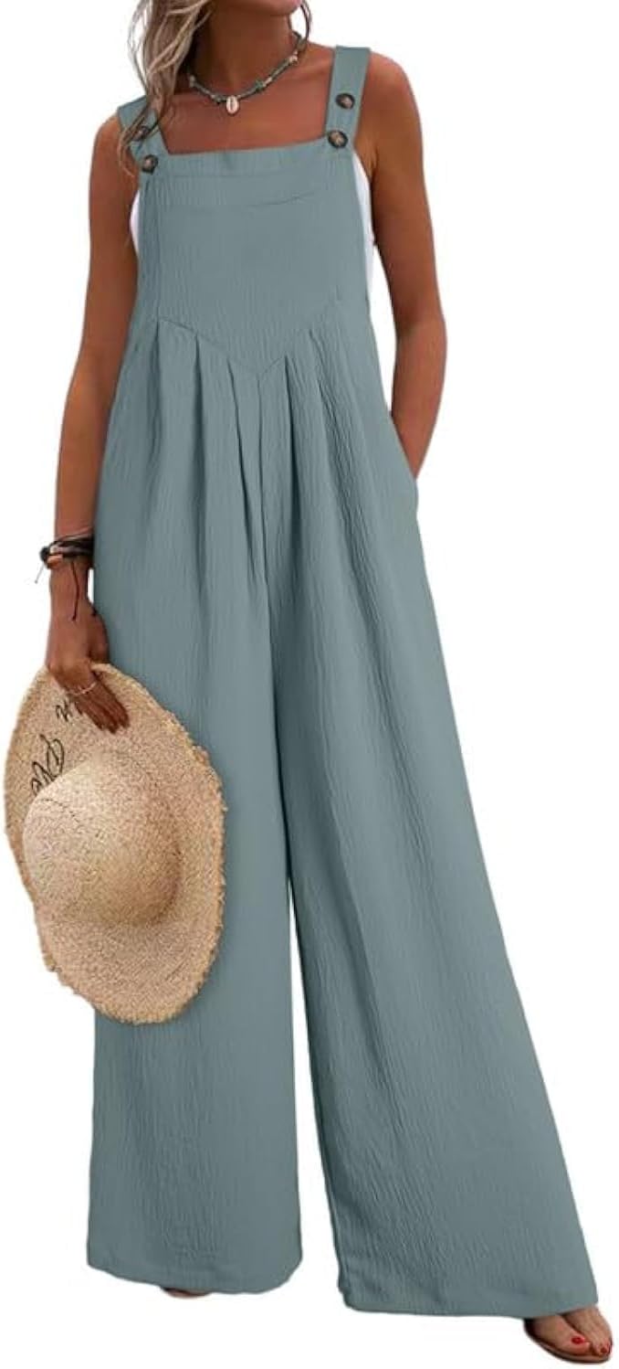 Dokotoo Women's Casual Loose Overalls Jumpsuits One Piece Sleeveless Wide Leg Long Pant Rompers With Pockets