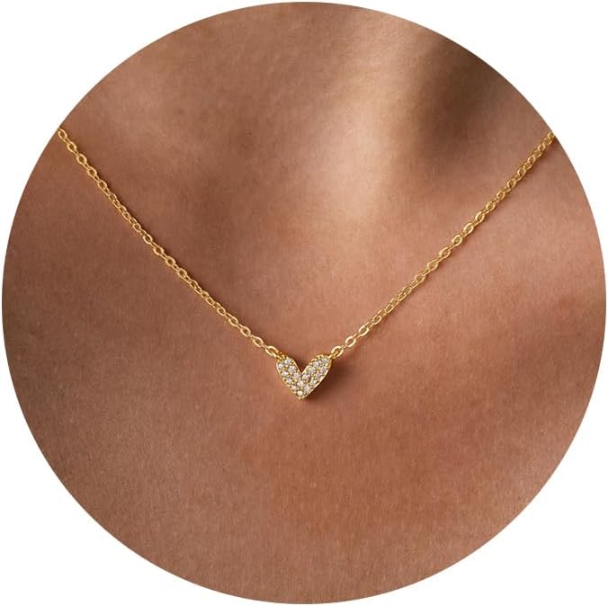 Heart Necklaces for Women Dainty 14k Gold Plated Non Tarnish Cz Diamond Pendant Necklace Cute Simple Small Pave Heart Chocker Necklace for Women Gift 14 16 18inch