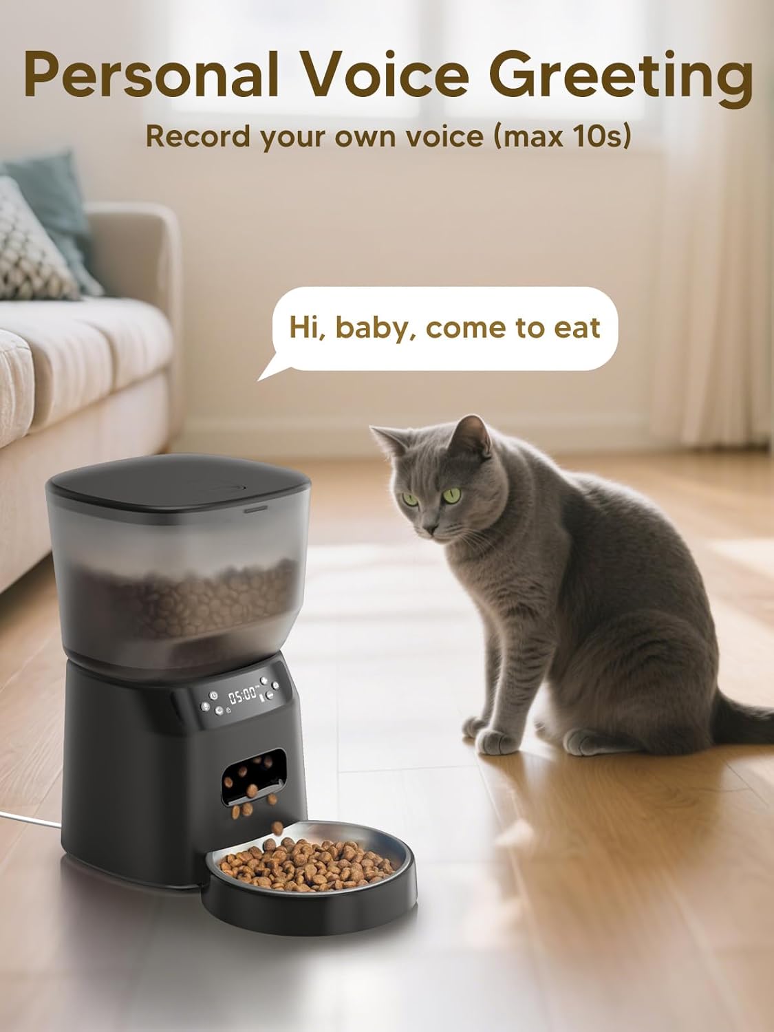 Automatic Cat Feeder and Water Fountain, 4L/16 Cups Timed Cat Dry Food Dispenser, 10s Meal Call, 20 Portions 6 Meals Per Day, 2L Cats Fountains for Drinking with Filter, Pet Feeder for Dog Black - Image 3