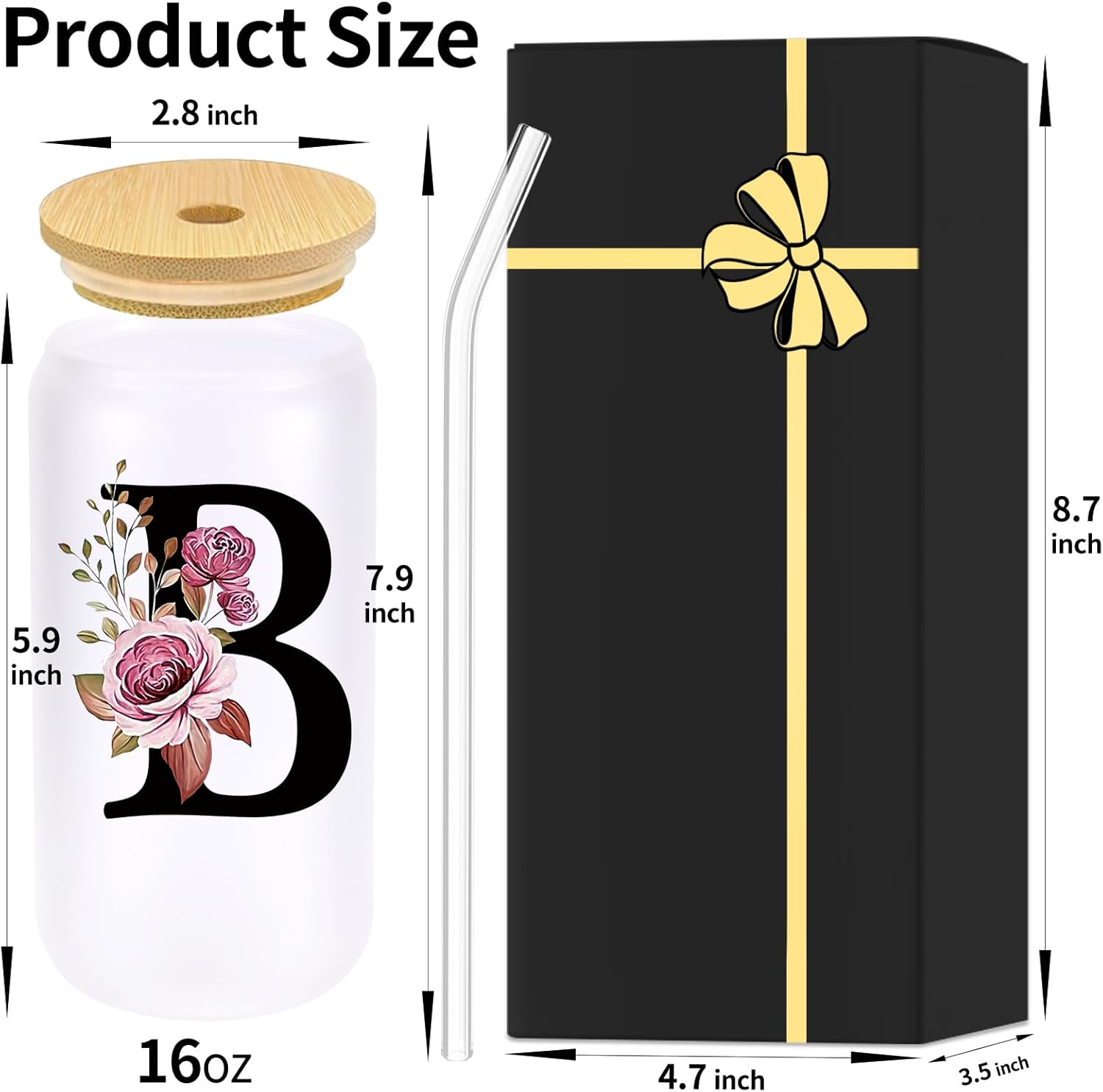 Monogrammed Glass Drinking Cup With Lid Straw Women Girl Friend Birthday 16th 18th 19th 20th 21st 30th 40th 50th 60th 70th 80th 90th 45th 65th 75th 1974 1964 40 60 70 Year Old Gift Funny Meaningful,B - Image 6