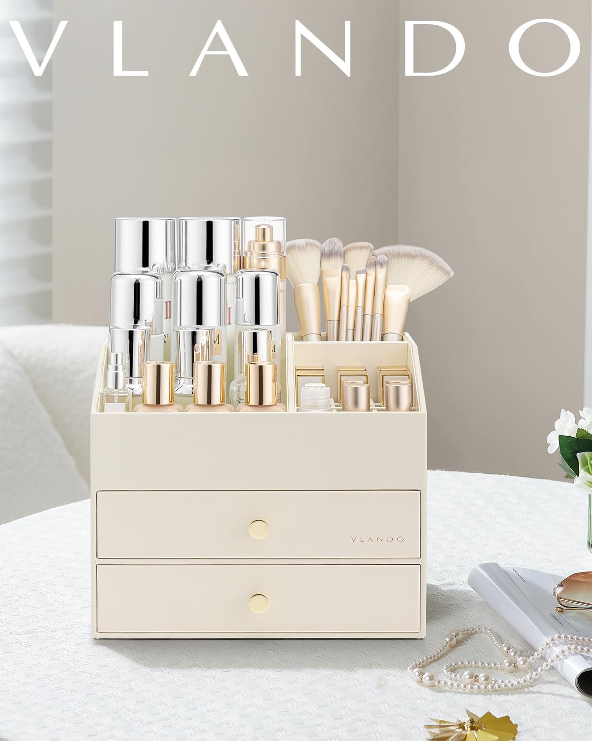 VLANDO Makeup Organizer for Vanity,Large Capacity Countertop Organizer with Drawers, PU Leather Cosmetic Display Case for Lipstick,Brushes,Skincare,Bedroom Storage (Beige) - Image 9