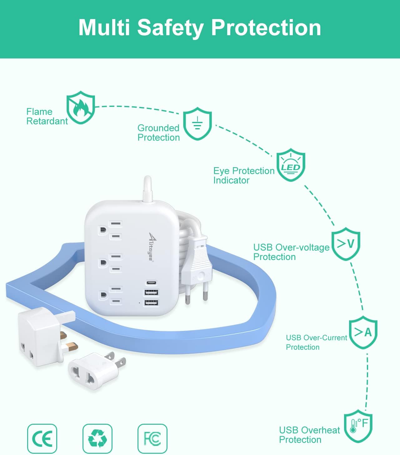 European Travel Plug Adapter, Alitayee EU/UK/US Travel Power Strip with 3 Outlets 3 USB Ports, International Universal Plug Adapter with 3ft Extension Cord to EU UK Italy Spain France Germany Cruise - Image 6