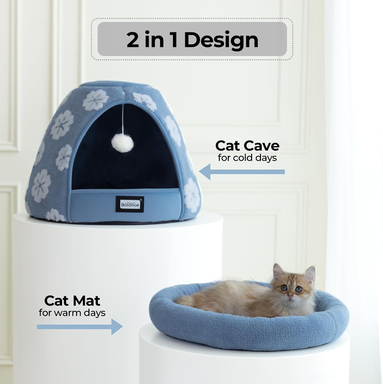 BALANCE Cat Beds for Indoor Cats, 2-in-1 Cat Bed Cave with Anti-Slip Bottom and Ultra-Soft Plush, Cozy Cats House Tent for Kittens and Small Dogs, 19 Inches, Blue - Image 7