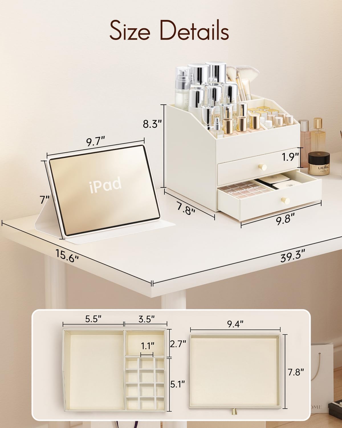 VLANDO Makeup Organizer for Vanity,Large Capacity Countertop Organizer with Drawers, PU Leather Cosmetic Display Case for Lipstick,Brushes,Skincare,Bedroom Storage (Beige) - Image 7