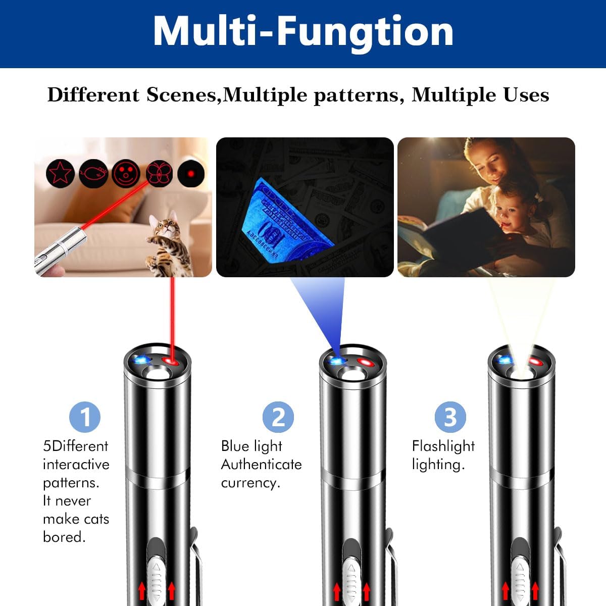 Laser Pointer Cat Toys, Cat Laser Pointer Toy with Three Light Modes, Five Adjustable Patterns,USB Portable Charging, Interactive cat Toy Multifunctional and Portable - Image 4