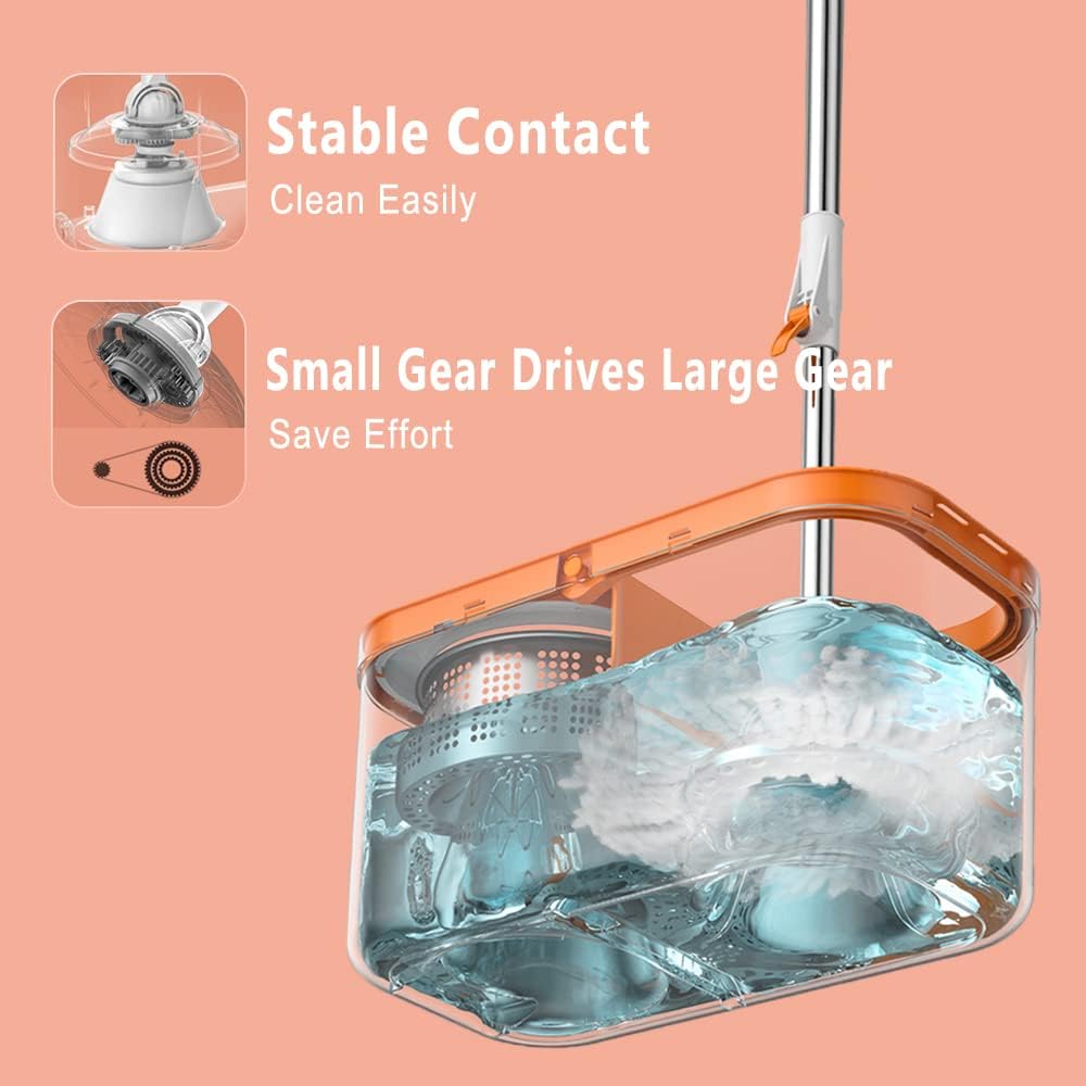 Floor Spin Mop and Bucket Set with Wringer System Extended Stainless Steel Handle 61"for Home Floor Cleaning Use with 5 Replacement Head Refill and 1 Cleaning Brush Head - Image 6