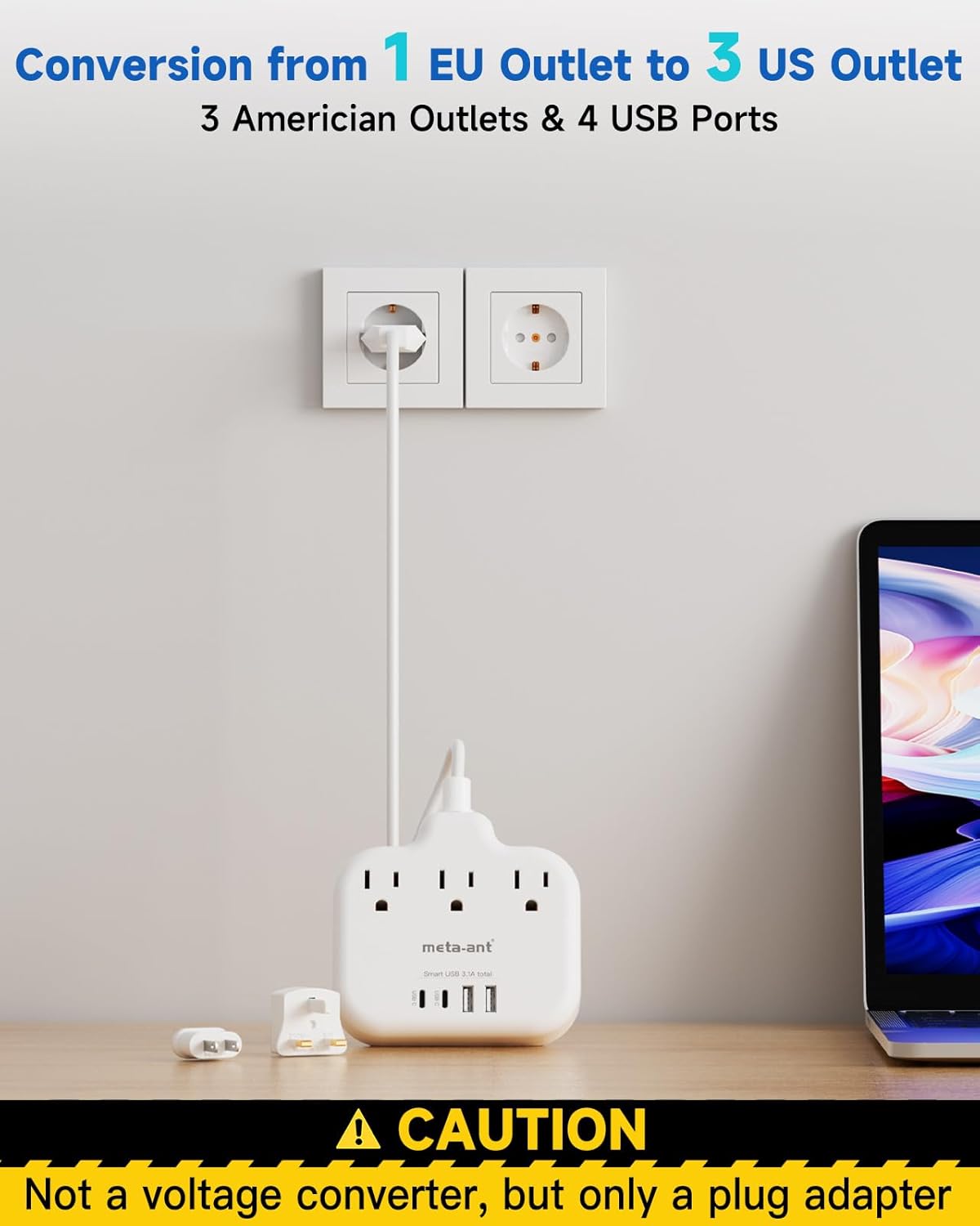 European Travel Plug Adapter, US to European Plug Adapter with 3 American Outlets & 4 USB, 3ft European Power Cord, International Travel Power Strip, Type C for Europe EU Germany France, Travel, White - Image 4