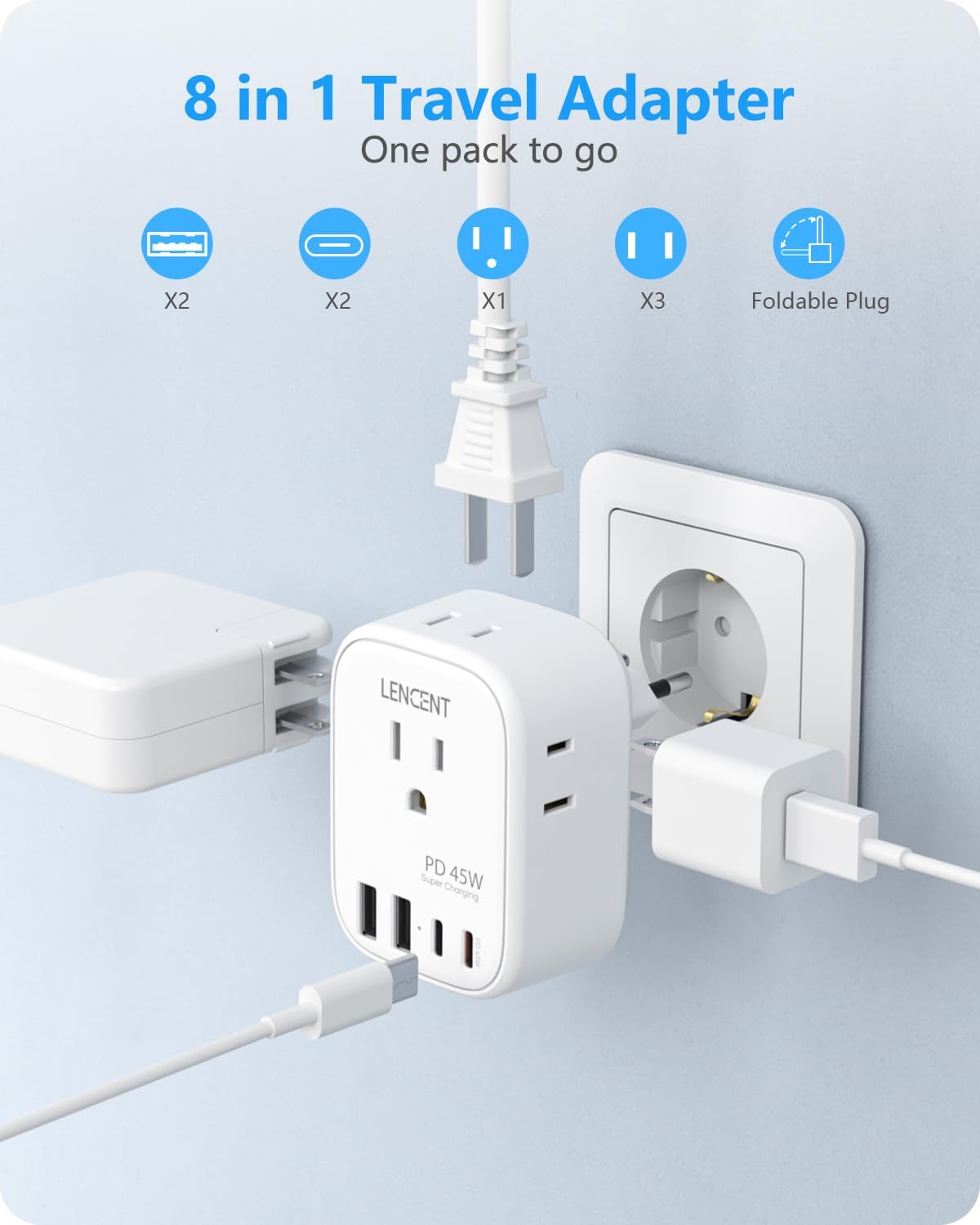 LENCENT European Travel Plug Adapter, PD 45W Type C Foldable Power Plug with 4 Outlets 4 USB Ports, USB Fast Charger Adaptor, Power Adaptor for US to Most of Europe EU Spain Italy France Germany - Image 6