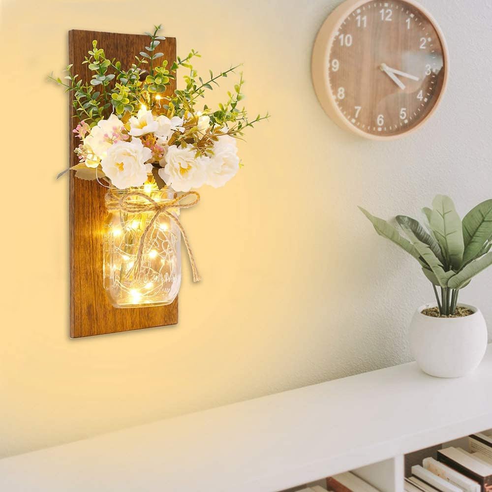 Rustic Wall Sconces Mason Jar Sconces Handmade Wall Art Hanging Design with Remote Control LED Fairy Lights and White Peony, Wall Decor Gift Farmhouse Wall Home Decor Living Room Lights Set of Two - Image 2