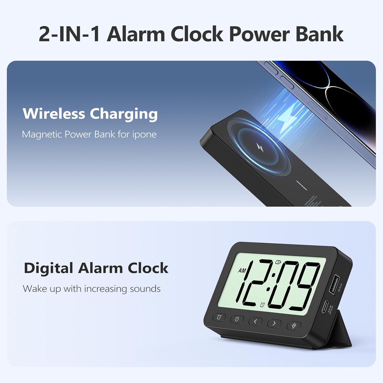 ANJANK Digital Travel Alarm Clock, Equipped with 6000mAh for MagSafe Battery Pack, Portable Magnetic Power Bank, Wireless Charger for iPhone 16/15/14, USB-C & USB-A Charging, Foldable Clock, Backlight - Image 2