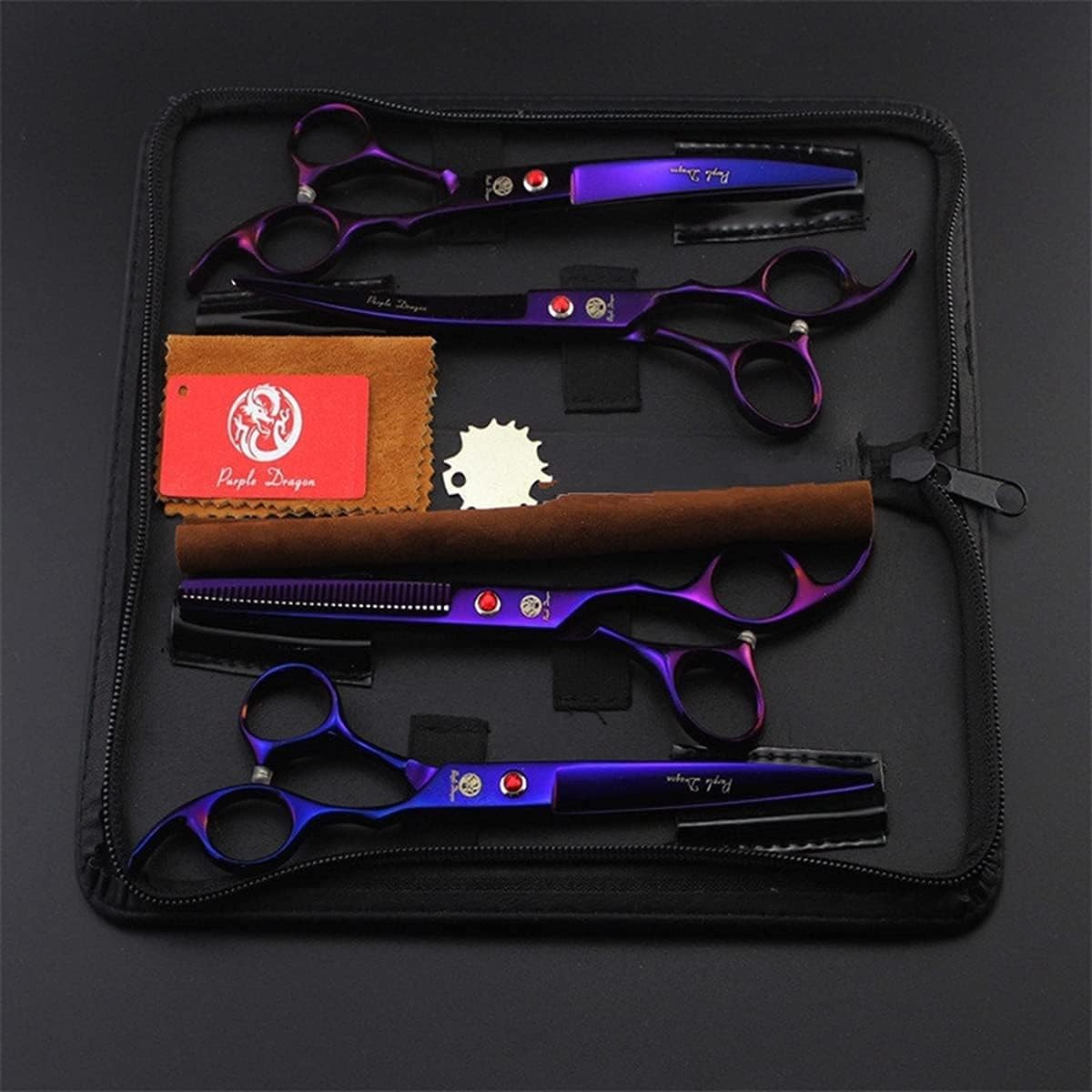 Purple Dragon Professional 7.0 inch 4PCS Pet Grooming Scissors Kit Japan Premium Steel Straight & Curved & Thinning Blade Dog Hair Cutting Shears Set with Case - Image 7