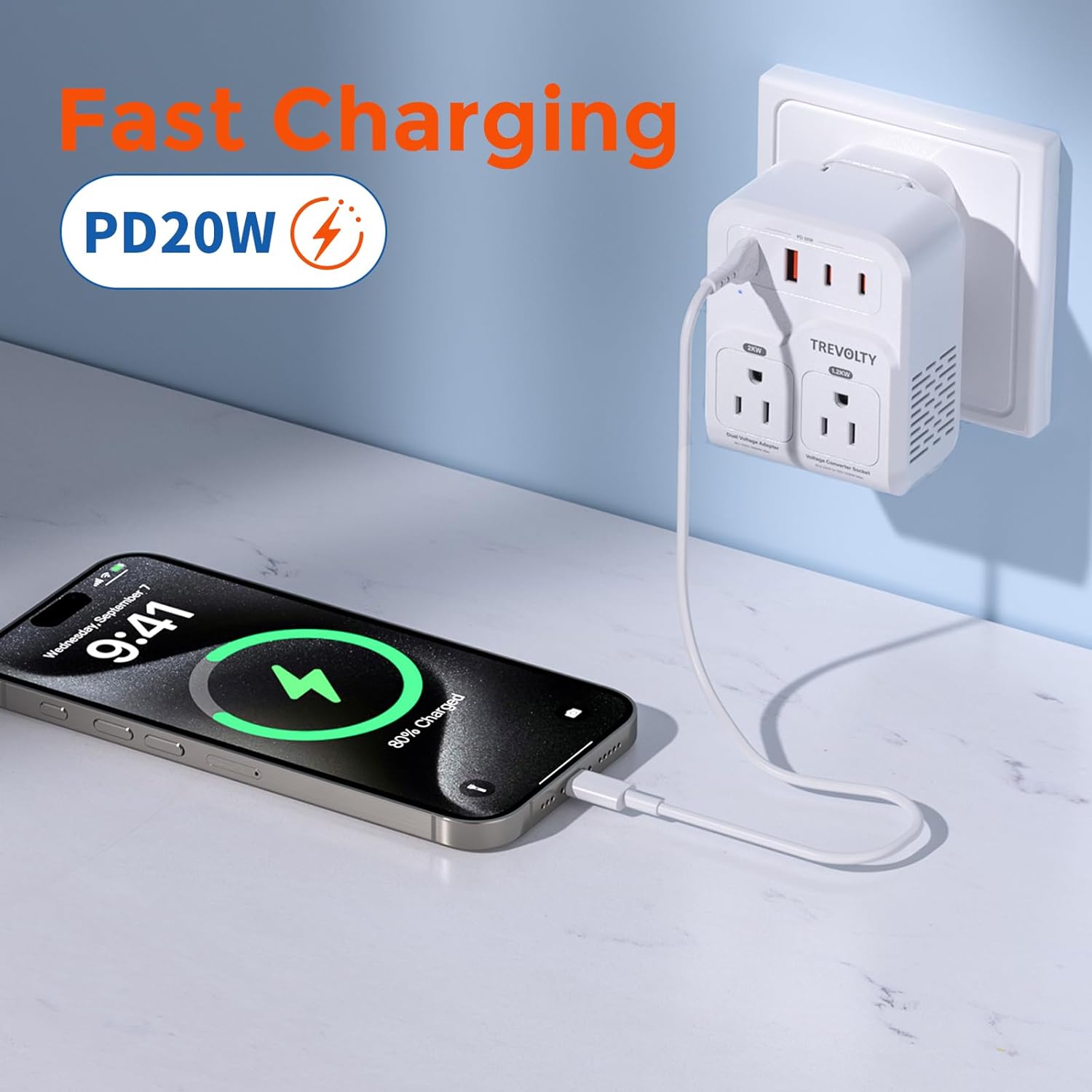 2000W Voltage Converter US to Europe for Hair Dryers, 7-in-1 220V to 110V Converter for European Travel with 3 AC/2 USBA/2 USBC Ports (PD20W), Universal Travel Adapter - Image 5