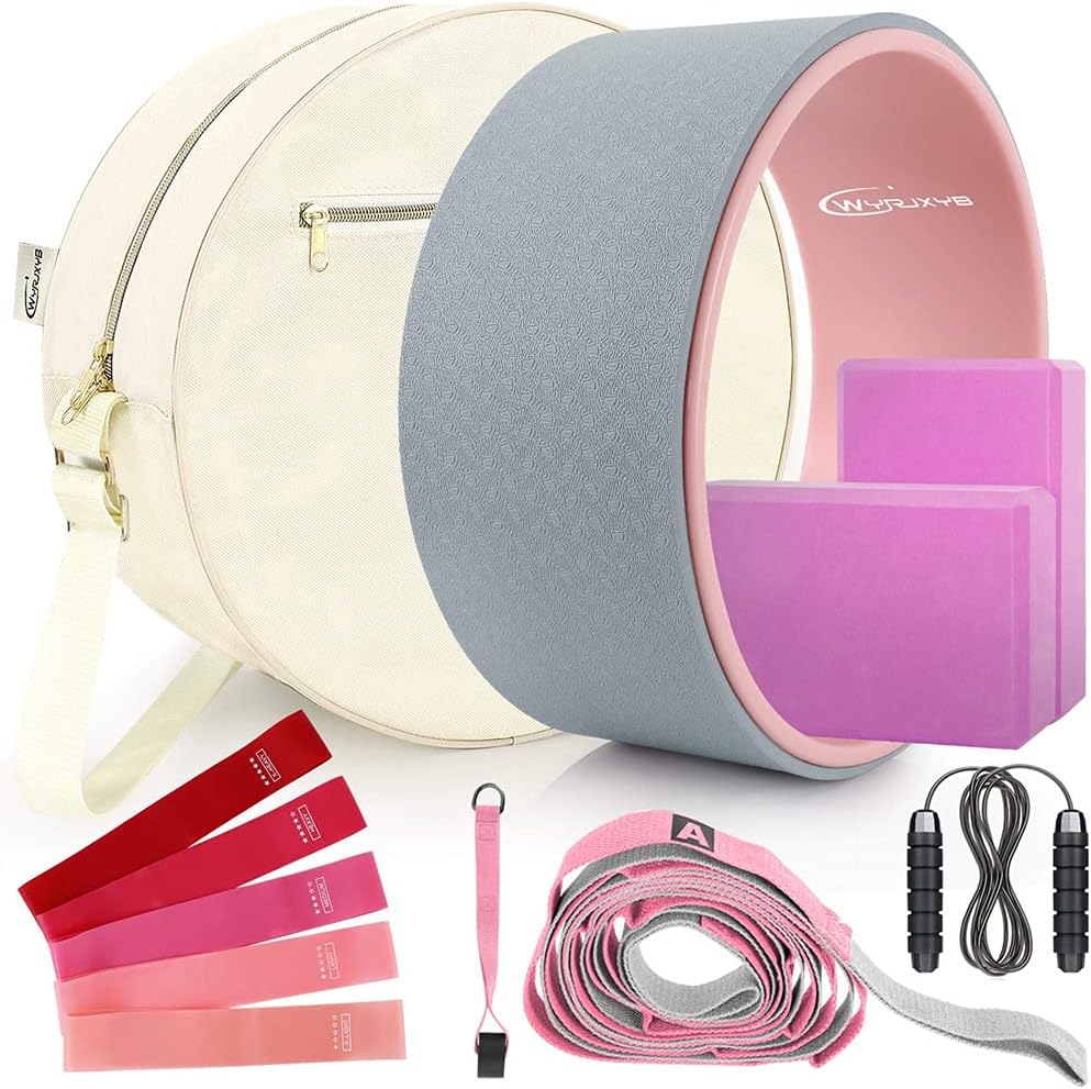 Yoga Wheel Set 11-in-1,Back Roller & 2 Blocks with Strap,Resistance Bands,Jump Rope,Carrying Bag,Perfect Yoga Back Wheel Accessory Starter Kit for Beginner, Stretching, Improving Backbends