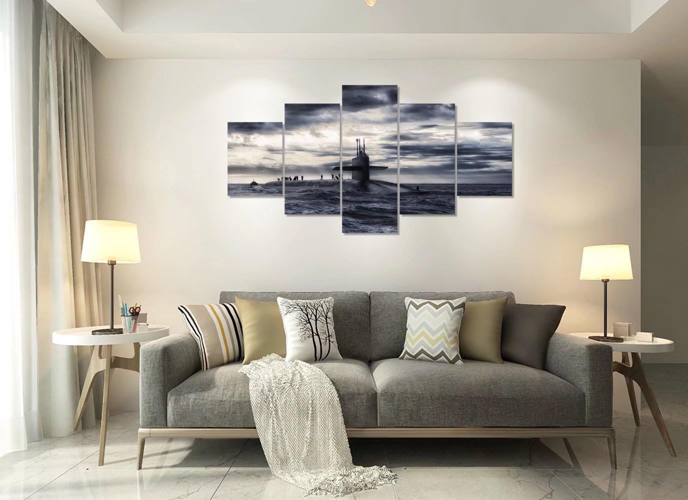 Military Submarine and Soldier Wall Art for Living Room Bedroom House Decor Pictures 5 Panel Canvas Print Paintings Framed Ready to Hang Posters and Prints Black and White(60''Wx32''H) - Image 3