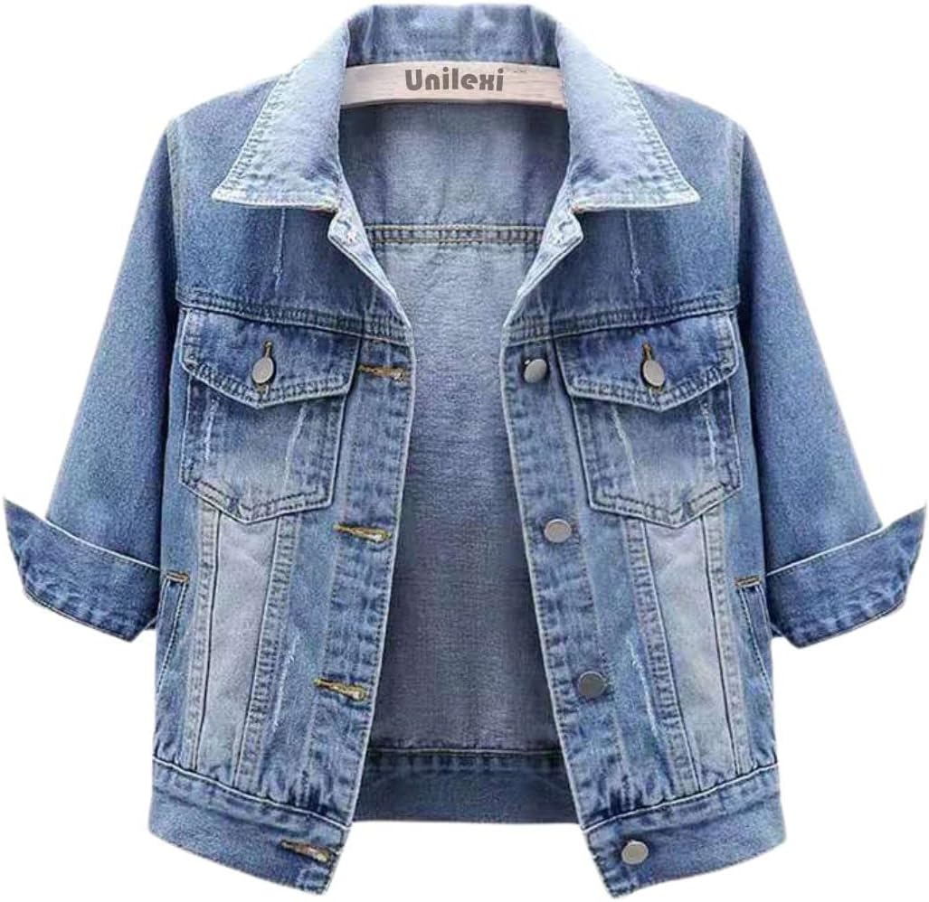 Unilexi Women's 3/4 Sleeve Colored Cropped Denim Jacket Light Wash Short Jean Jacket Trucker Coat