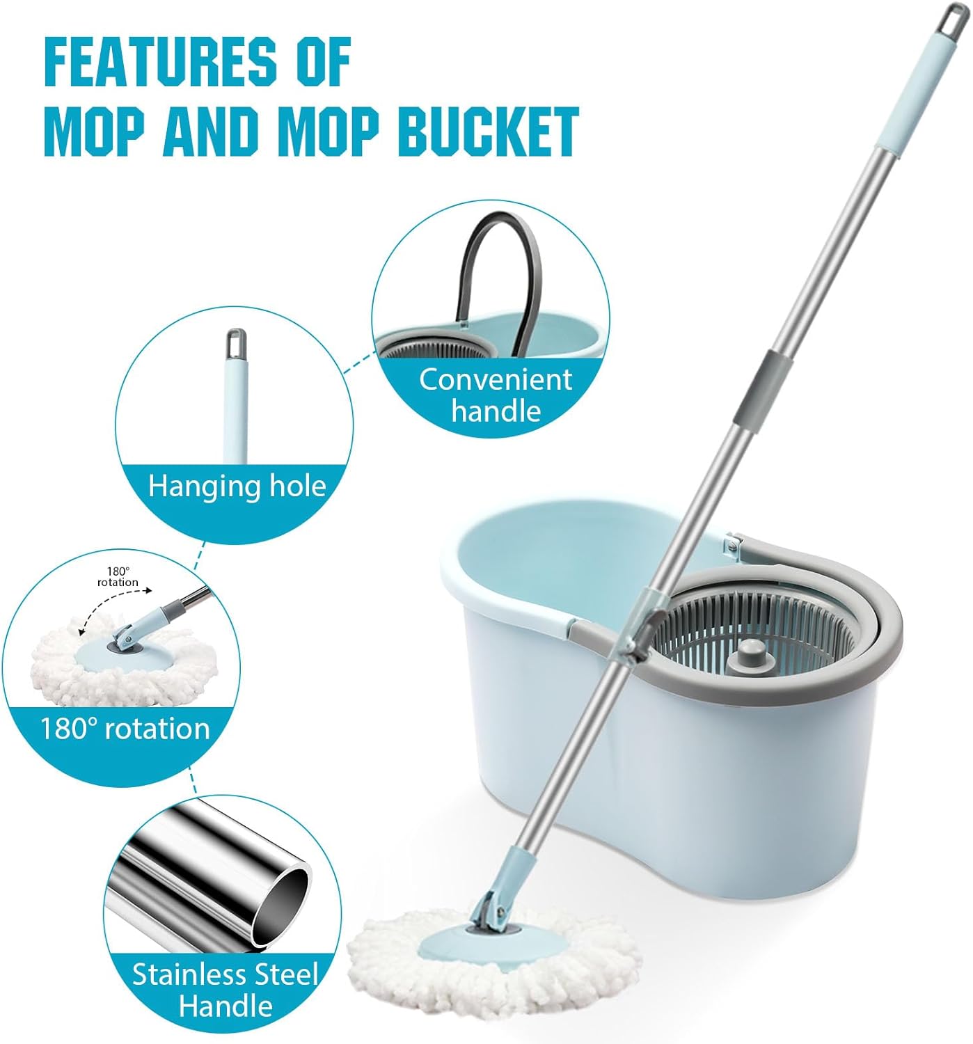 Spin Mop and Bucket with Wringer Set, 360° Spinning Mop Bucket System with 3 Microfiber Mop Replacement Heads and 50" Stainless Steel Adjustable Handle for Floor Cleaning - Image 5