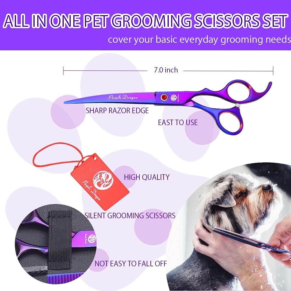 Purple Dragon Professional 7.0 inch 4PCS Pet Grooming Scissors Kit Japan Premium Steel Straight & Curved & Thinning Blade Dog Hair Cutting Shears Set with Case - Image 2