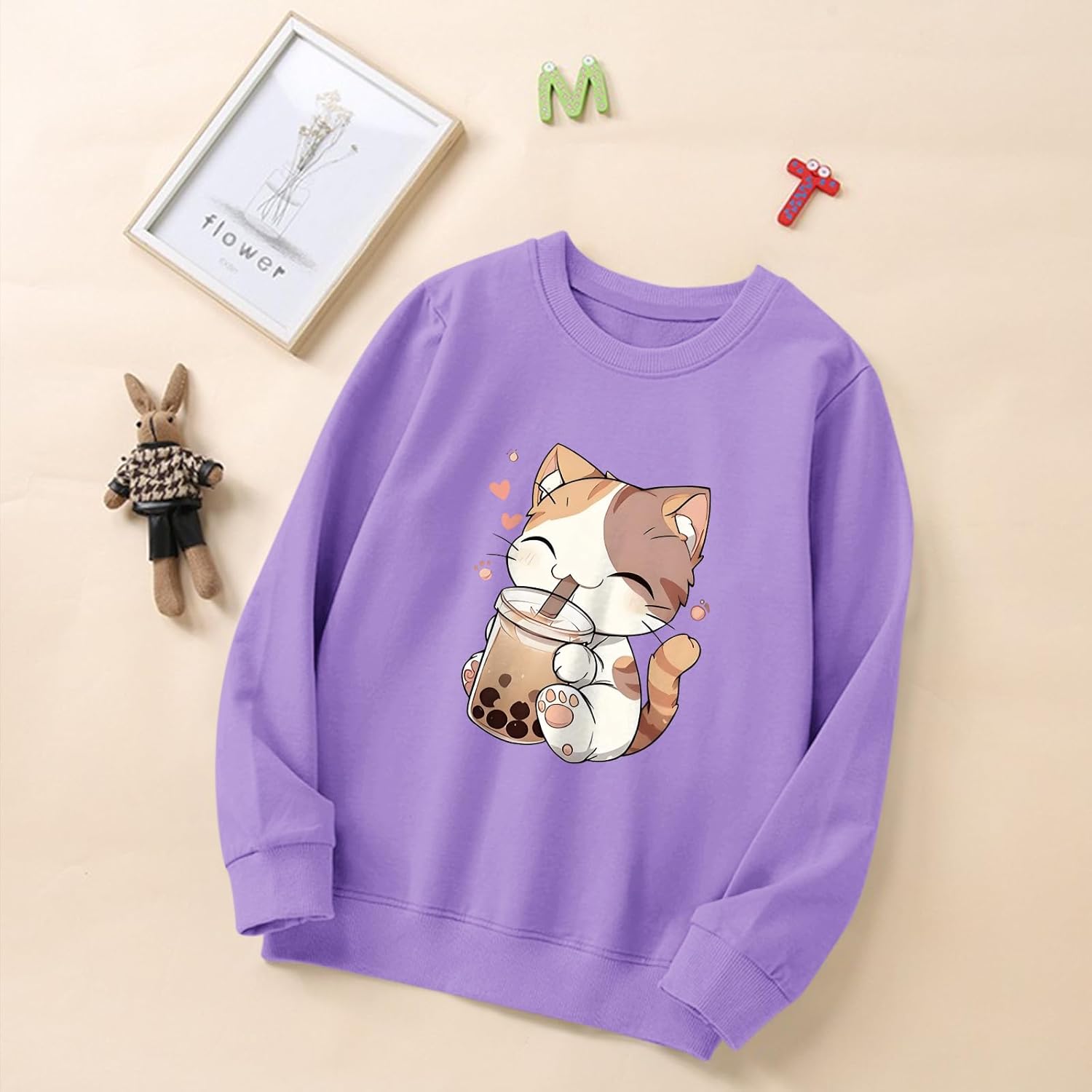 KEEVICI Cute Cat Sweatshirt For Girls Kawaii Graphic Hoodie Kids Cartoon Animal Print Pullover Cotton Long Sleeve Shirts Tops - Image 6