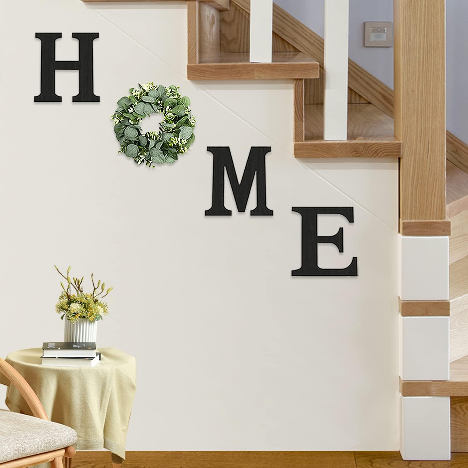 Pinkpum Wood Home Sign with Artificial Eucalyptus Wreath for O, Hanging Farmhouse Wall House Decor Wood Letters for Wall Art Rustic Home Decor, Wall Decor for Living Room Kitchen Entryway (Black) - Image 4