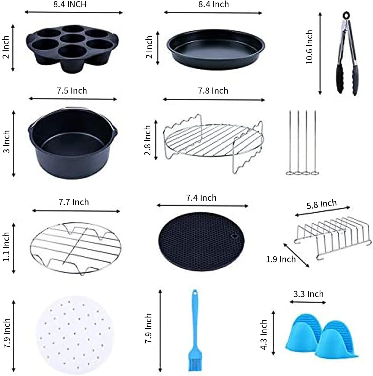 Air Fryer Accessories, Set of 12 Fit for 5.3Qt and Larger Air Fryer with Cake & Pizza Pan, Metal Holder, Skewer Rack & Skewers, etc, Nonstick Coating, Dishwasher Safe - Image 5