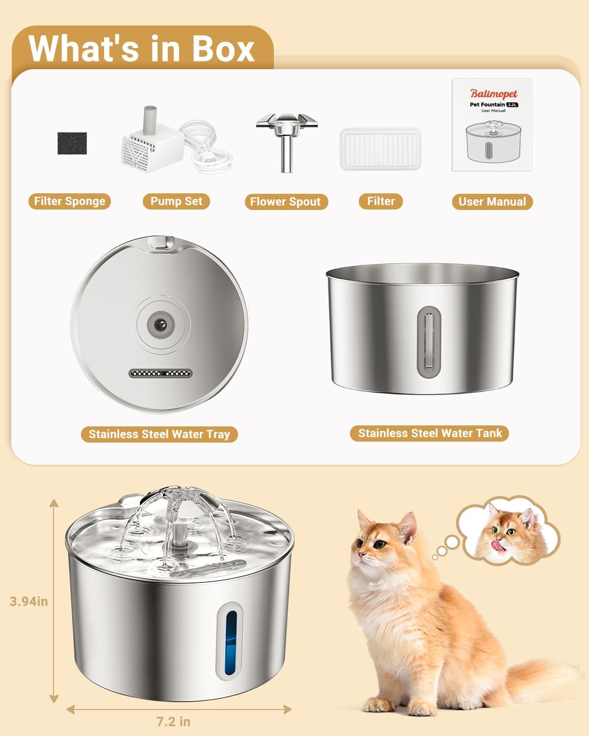Cat Water Fountain Stainless Steel - 74oz/2.2L Pet Gift Dog Water Dispenser Automatic Silent Cats Dispenser for Drinking Indoor Metal Kitty Spout Fountains with 3 Filters & 3 Sponges Cat Dogs Gifts - Image 8