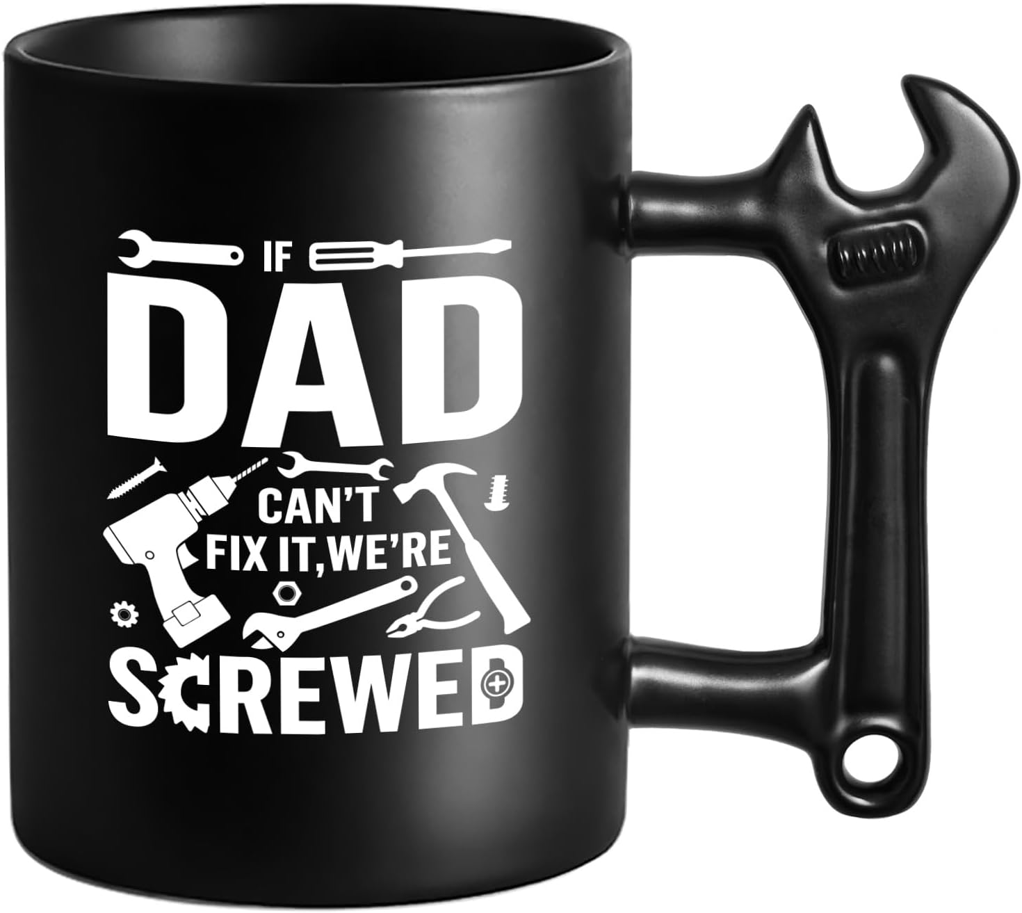 LOZACHE Funny Coffee Mug with Wrench Handle for Men, Novelty Fathers Day DadChristmas Gifts for Grandpa Uncle Husband Brother Mechanic (Black, Dad Screwd)