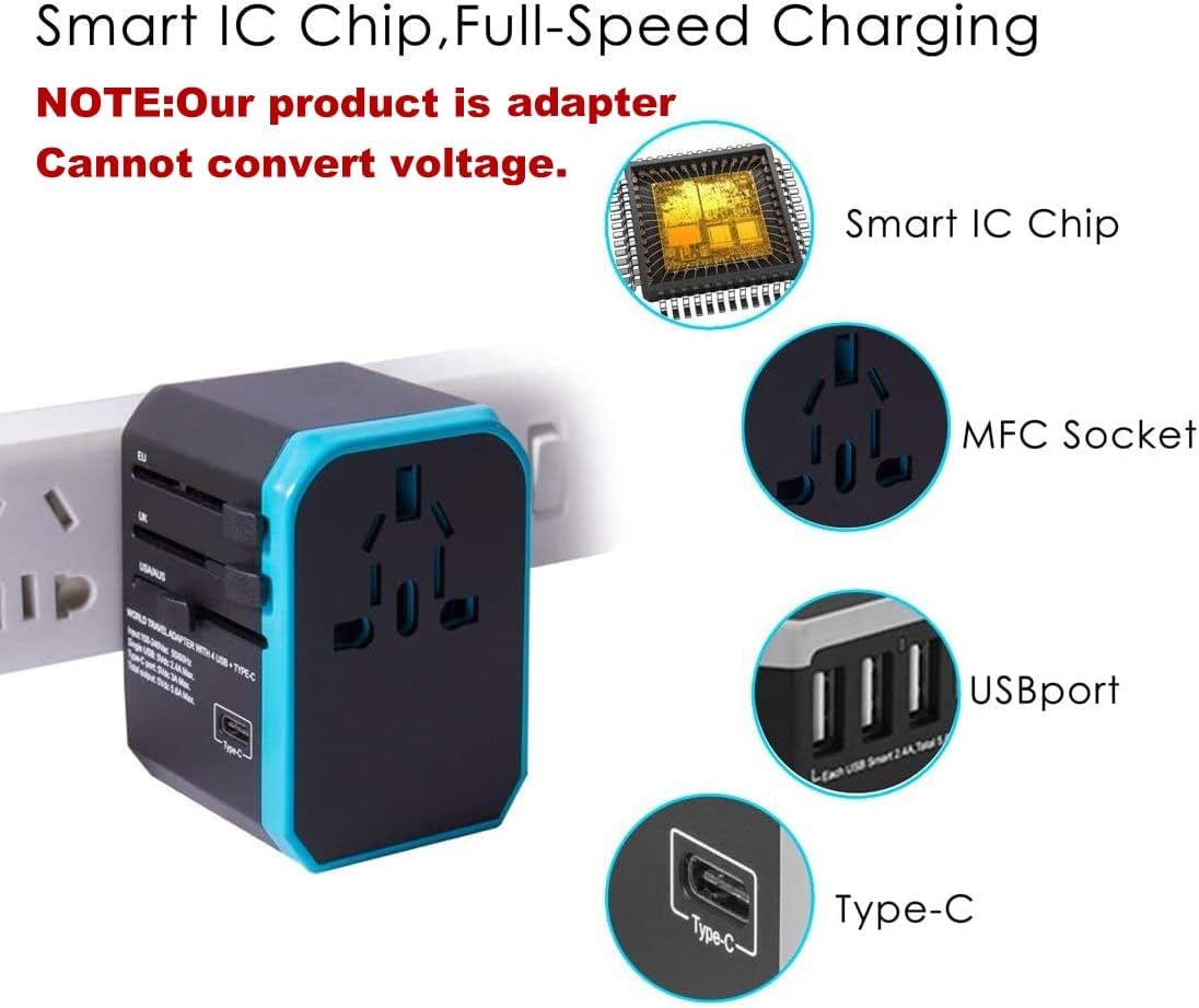 International Adapter for Travel, Universal for Selective Dual Voltage Hair Dryer, Straightener, All USB Devices Phones, Worldwide Charger Plug 5 Fast USB 8A AC Outlet UK European Asia 200+ (Blue) - Image 2