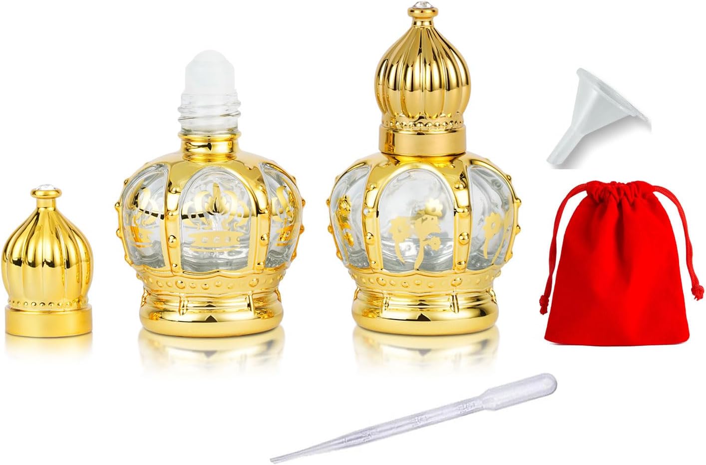 Jinxihuachen Mini Arabic Crystal Glass Roller Bottles 6ml Tiny Refillable Essential Oil Roll On Bottles Gold Empty Travel Perfume Sample Container 2Pcs