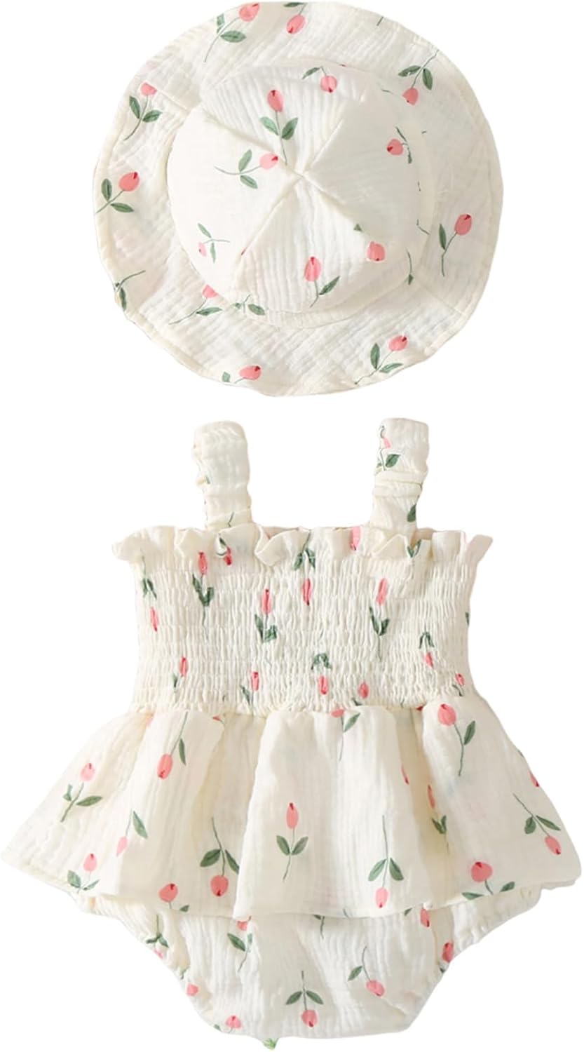 Mubineo Baby Girl Clothes Summer Dress Cotton Linen Romper Sleeveless Smocked Rompers Sun Dress Hat Skirt Boho Outfits
