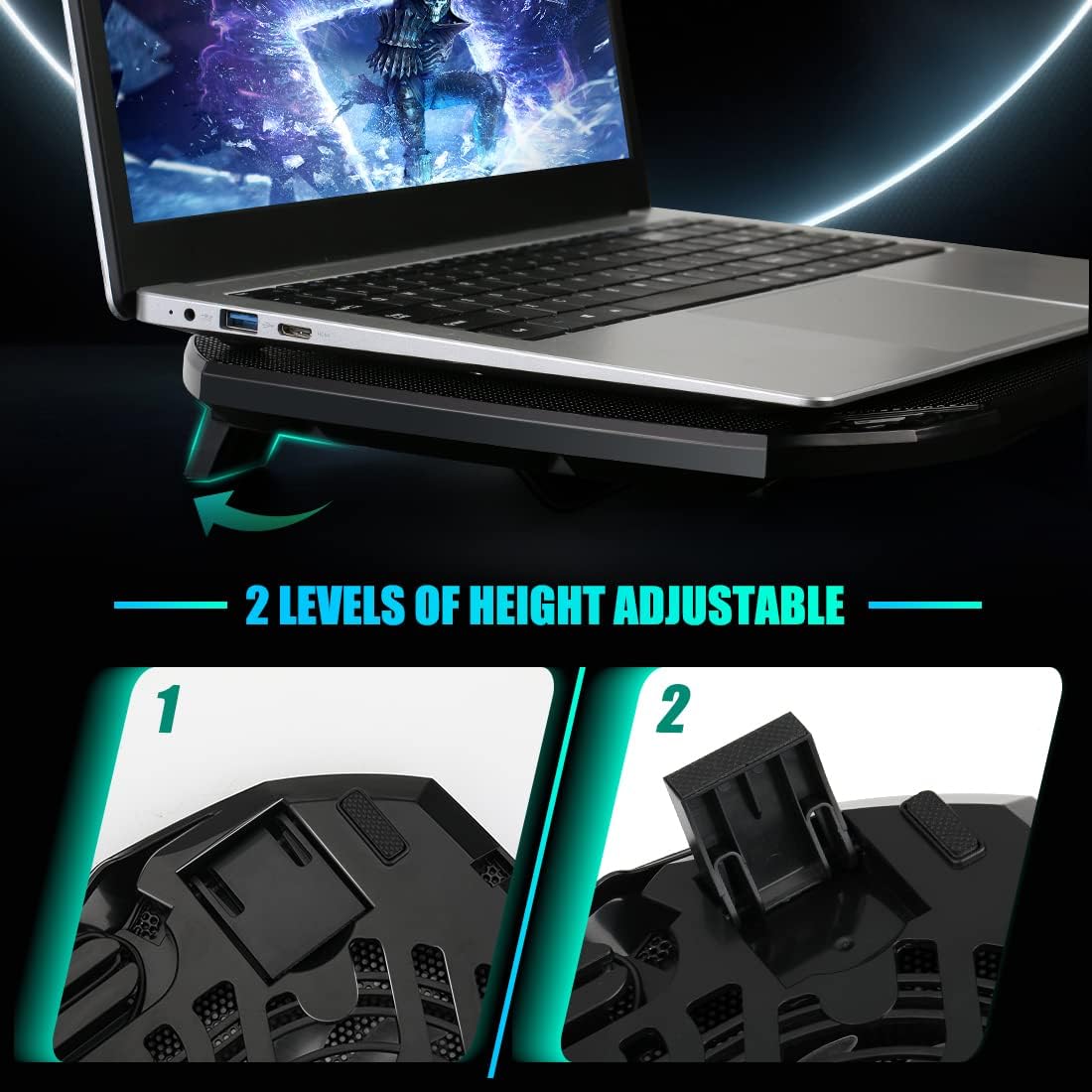 LIANGSTAR Laptop Cooling Pad, Gaming Laptop Cooler with 2 Quiet Big Fans, RGB 7 Color Light Change, Portable USB Laptop Stand 11 to 15.6 Inch, Slim and Easy Carry Working Study Outdoor Travel - Image 5