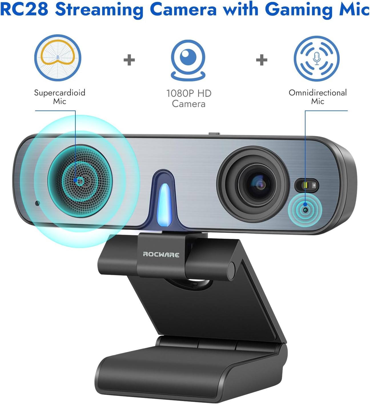 ROCWARE RC28 1080P 60FPS Webcam with Dual Microphones | Cardioid & Omnidirectional Pickup, Hi-Fi Sound, AI Noise Cancellation & Raw Audio Modes for Streaming, Video Calls & Studio-Quality Recording - Image 2