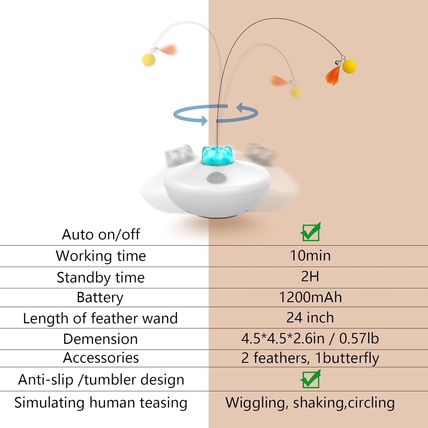 Oxawo Interactive Cat Toys Cat Exercise Tumbler, Rechargeable Cat Toys for Indoor Cats Spin Butterfly Game Teasing Kitty, Extra Long Feather Wand (P33 cat Toys) - Image 6