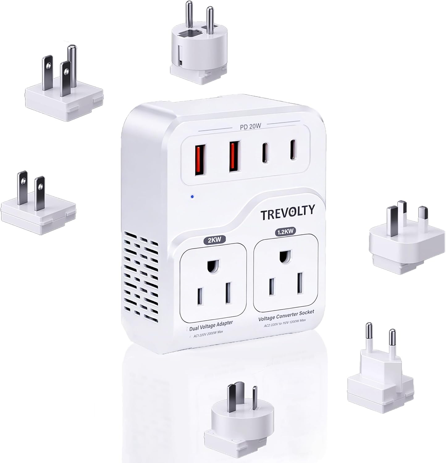 2000W Voltage Converter US to Europe for Hair Dryers, 7-in-1 220V to 110V Converter for European Travel with 3 AC/2 USBA/2 USBC Ports (PD20W), Universal Travel Adapter