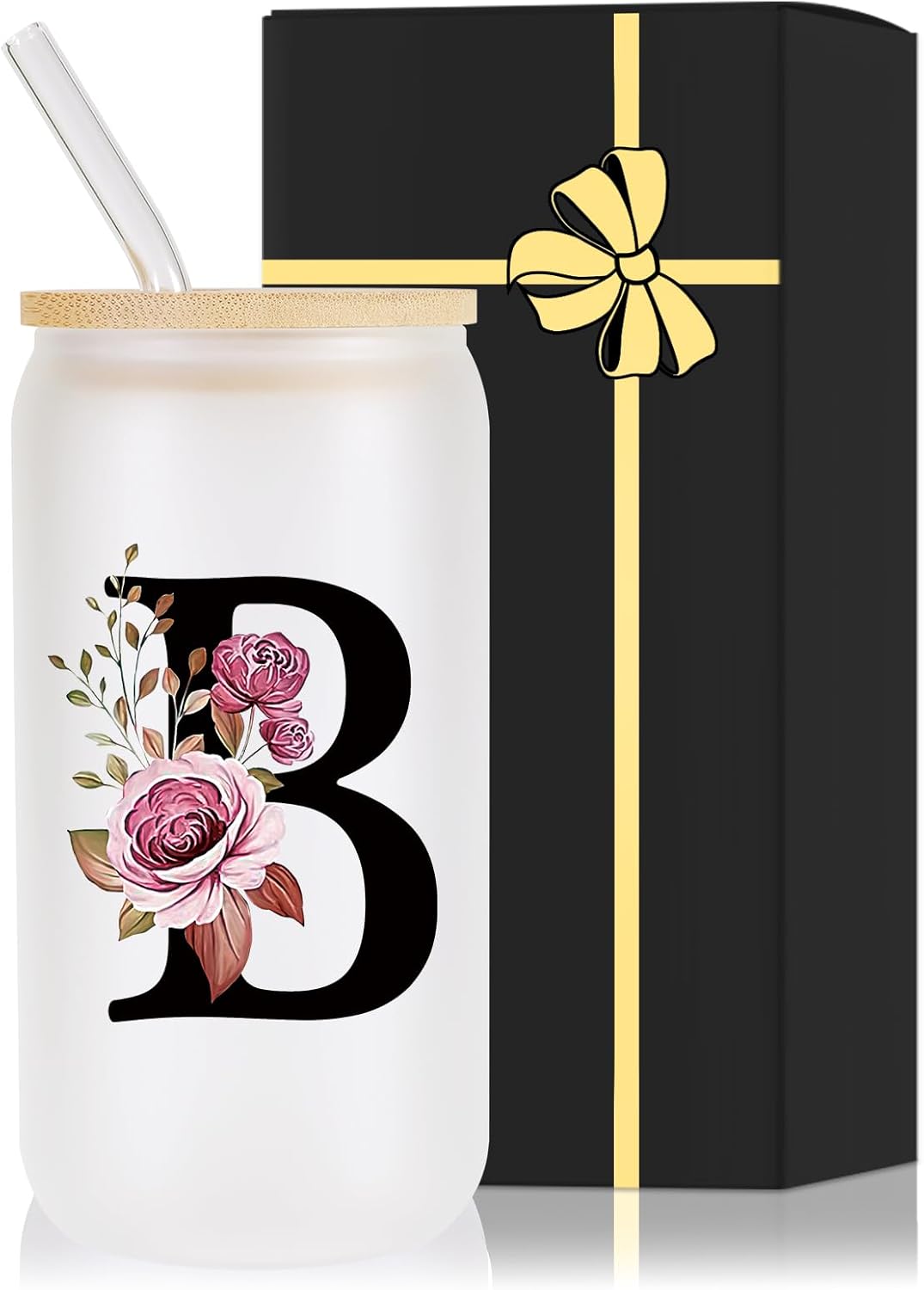Monogrammed Glass Drinking Cup With Lid Straw Women Girl Friend Birthday 16th 18th 19th 20th 21st 30th 40th 50th 60th 70th 80th 90th 45th 65th 75th 1974 1964 40 60 70 Year Old Gift Funny Meaningful,B