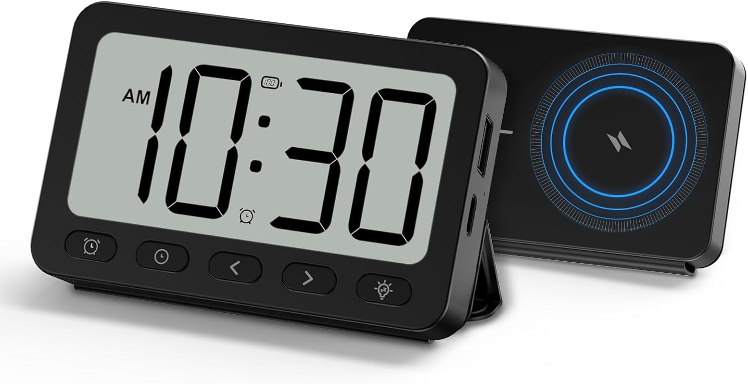 ANJANK Digital Travel Alarm Clock, Equipped with 6000mAh for MagSafe Battery Pack, Portable Magnetic Power Bank, Wireless Charger for iPhone 16/15/14, USB-C & USB-A Charging, Foldable Clock, Backlight